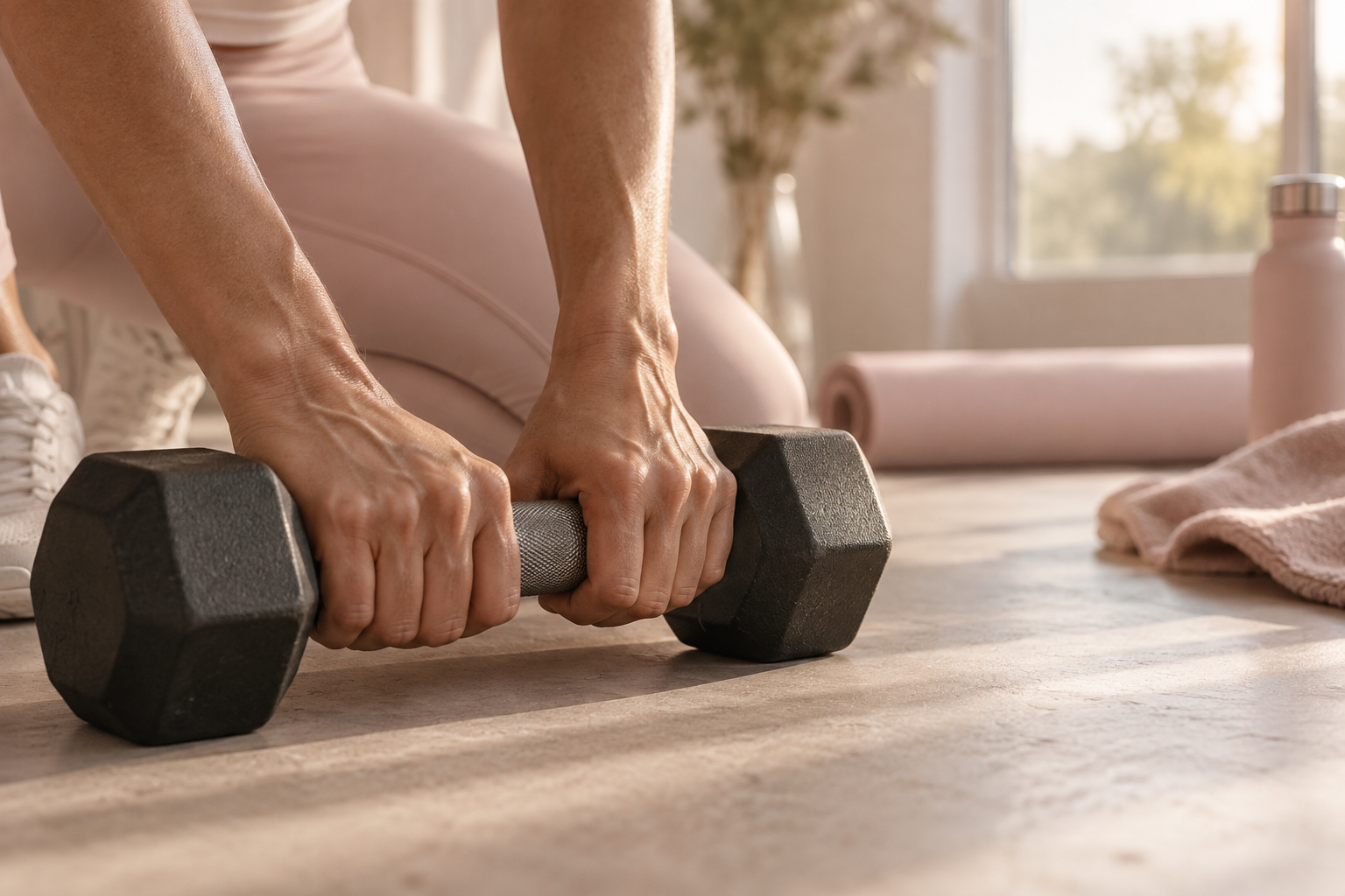 Primer plano de unas manos sujetando una pesa antes de entrenar